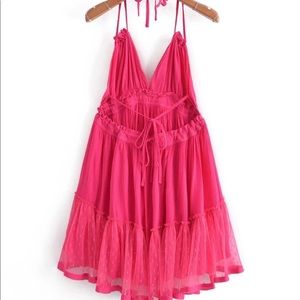 Mesh self-tie halter dress (pink)